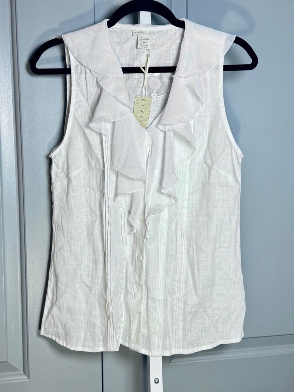 TWEEDS Linen White Ruffled Sleeveless Button-Front Top SZ M